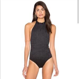 BLUE LIFE Women's Dancing Days Black Faux Suede Open Back Halter Bodysuit